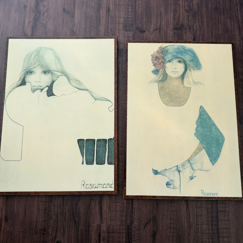Vintage Rosamond Lithograph Prints Wood Plaques Set of 2 1970 Art Women Portrait